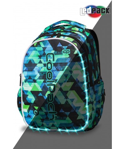 ŚWIECĄCY plecak młodzieżowy CoolPack CP JOY L KALEIDOSCOPE zielony w trójkąty LED