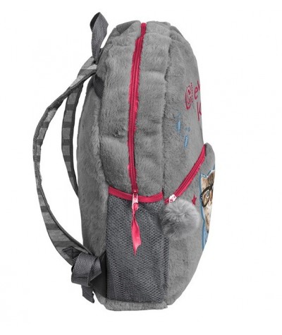 Szary plecak pluszowy z kotem na wycieczkę dla dziewczynki bok