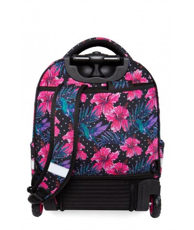 Czarny plecak na kółkach w kwiaty hibiskusy CoolPack Blossoms Starr szelki