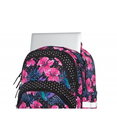 Czarny plecak na kółkach w kwiaty hibiskusy CoolPack Blossoms Starr kieszeń na laptopa