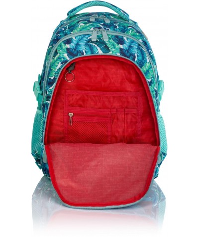 Miętowy plecak szkolny z czerwoną poszewką tropikalny w liście dla dziewczynki Head HD-289