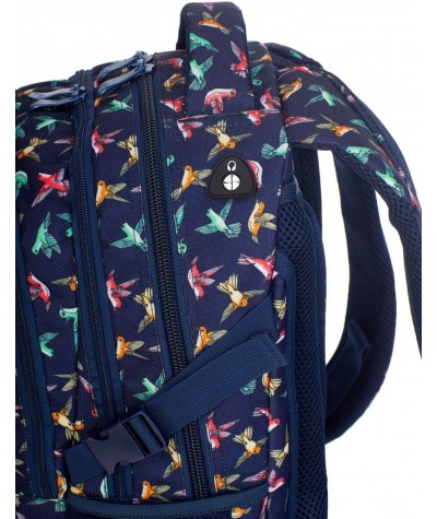 Granatowy plecak szkolny w ptaki koliberki dla dziewczynki Hash HS-45 port do słuchawek