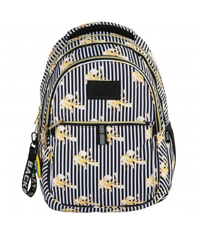 Czarno-biały plecak szkolny w paski ze złotą rybką dla dziewczynki BackUP N16