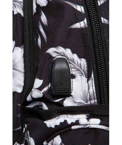 Czarny plecak szkolny z portem USB do liceum CoolPack White Hibiscus Break
