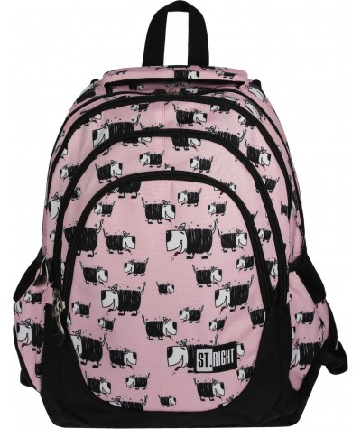Różowy plecak szkolny w pieski z psem trzykomorowy ST.RIGHT DOGS BP06 front