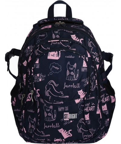 Granatowy plecak szkolny dla dziewczynki ST.RIGHT CATS BP01 czarny w różowe koty