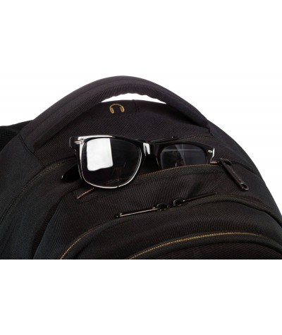 Czarny plecak damski do liceum ze złotym napisem CoolPack Joy Super Gold kiszeń na okulary