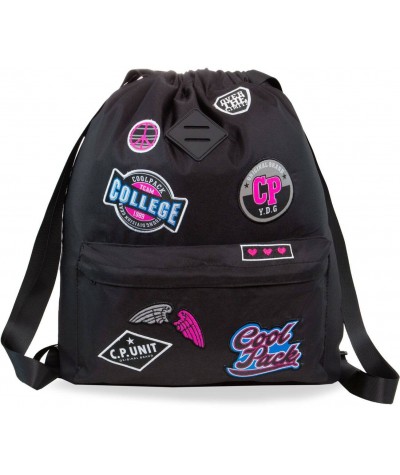 Plecak worek na plecy CoolPack CP URBAN GIRLS BADGES BLACK dziewczęce naszywki