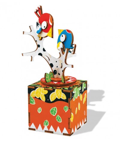 Model drewnianej pozytywki do samodzielnego montażu Colorino ptaki na drzewie brzoza