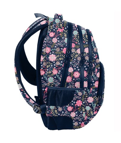 Kolorowy plecak szkolny z boczną kieszonką na bidon w kwiatki Paso dla dziewczynki