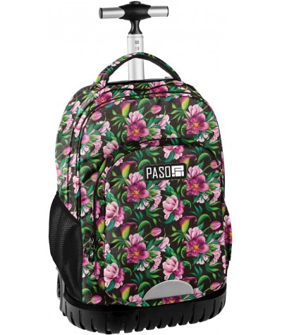 Plecak na kółkach PASO czarny w kwiaty dla dziewczynki