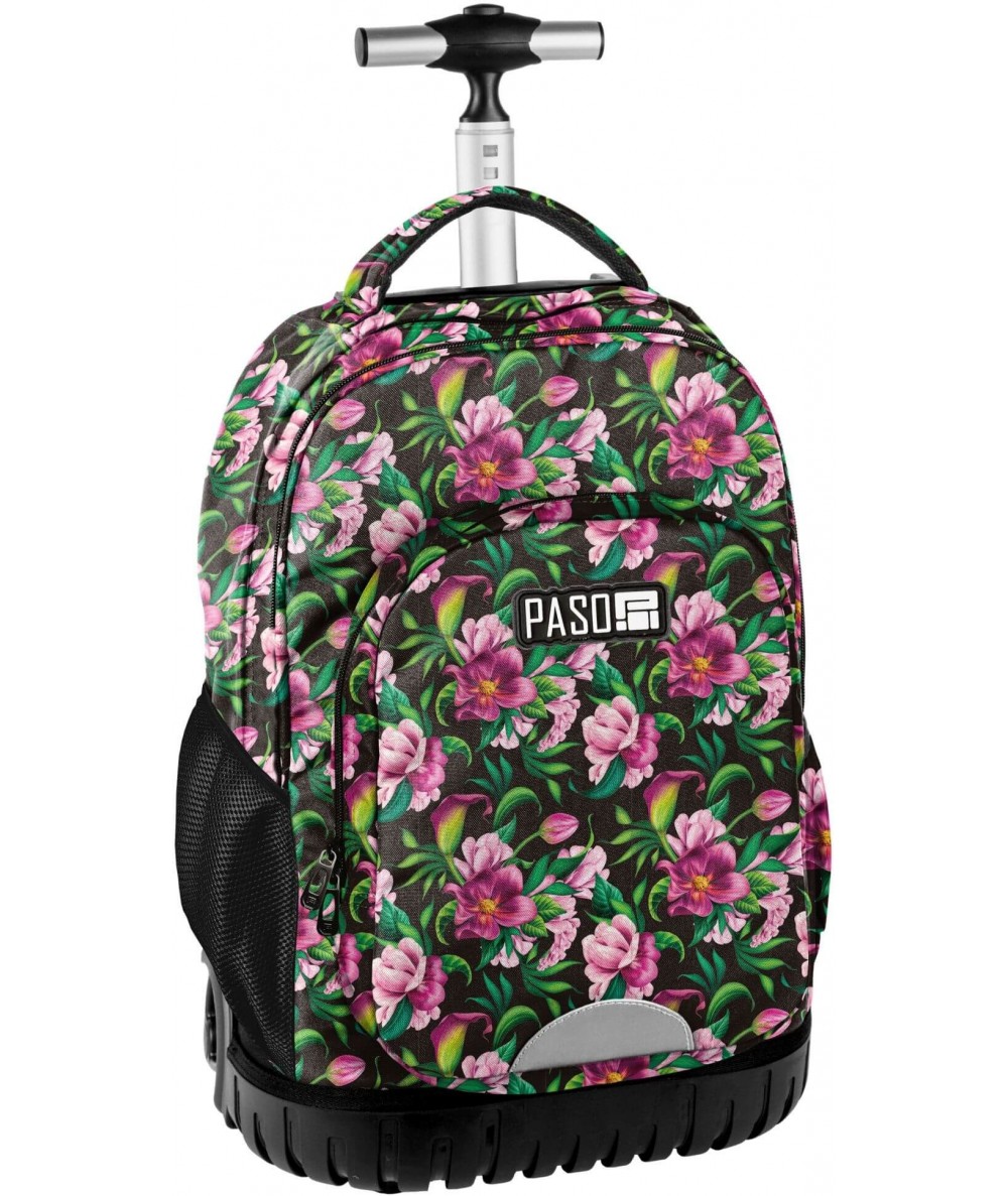 Plecak na kółkach PASO czarny w kwiaty dla dziewczynki