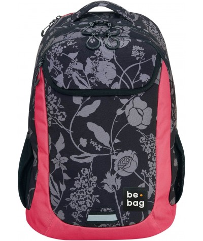 Plecak trzykomorowy w kwiaty dziewczęcy na laptopa be.bag be.active różowo-czarny