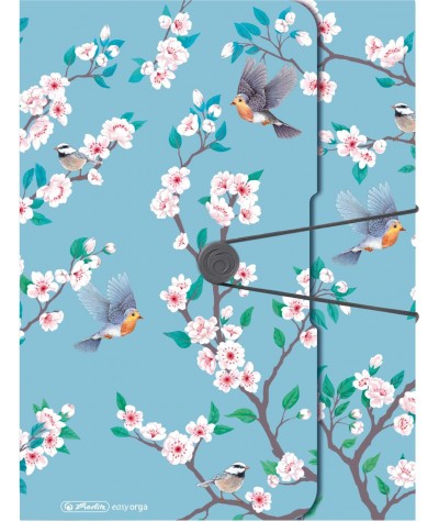 Niebieska teczka z tworzywa w ptaki i kwiaty jabłoni Ladylike A4 Herlitz