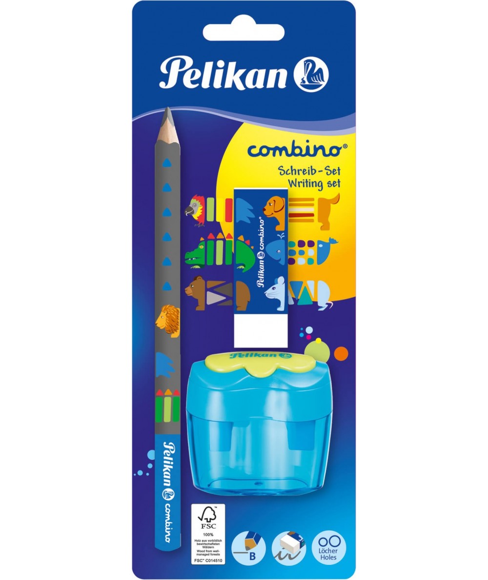 Zestaw (ołówek, gumka, temperówka) Combino niebieski dla chłopca Pelikan