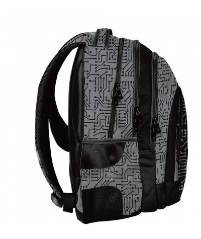 Czarny plecak szkolny z kieszenią na bidon młodzieżowy z wzorem układu scalonego electro Paso