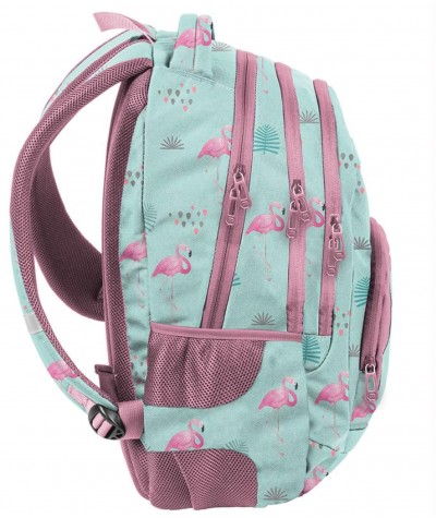 Miętowy plecak flamingi z boczną kieszonką na bidon szkolny do klas 1-3 dla dziewczynki Paso HIT!