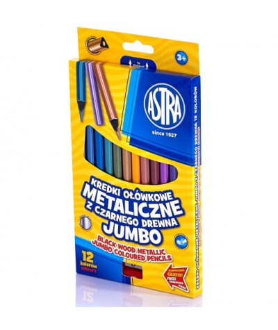  	Kredki metaliczne ołówkowe ASTRA JUMBO trójkątne 12 kolorów + temperówka gratis!