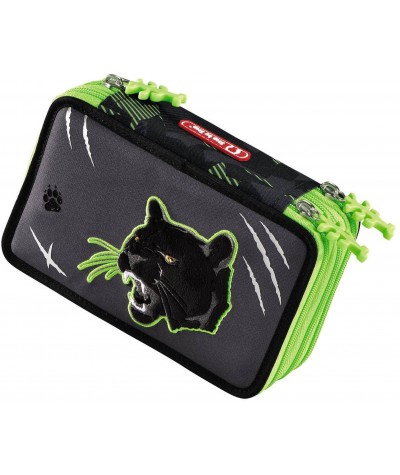 Piórnik HAMA Step By Step z zielonymi zamkami trzykomorowy świecący Wild Cat kot pantera