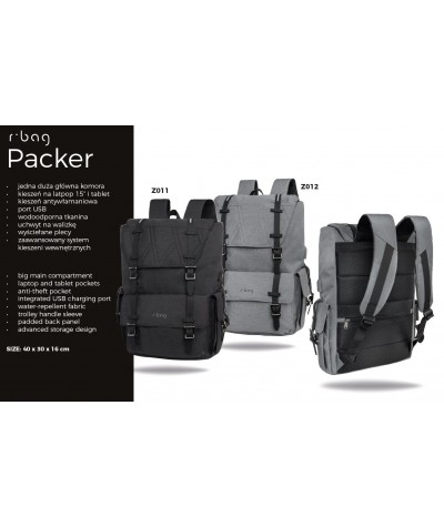 Plecak kostka męski miejski na laptopa 15,6" szary r-bag Packer Gray