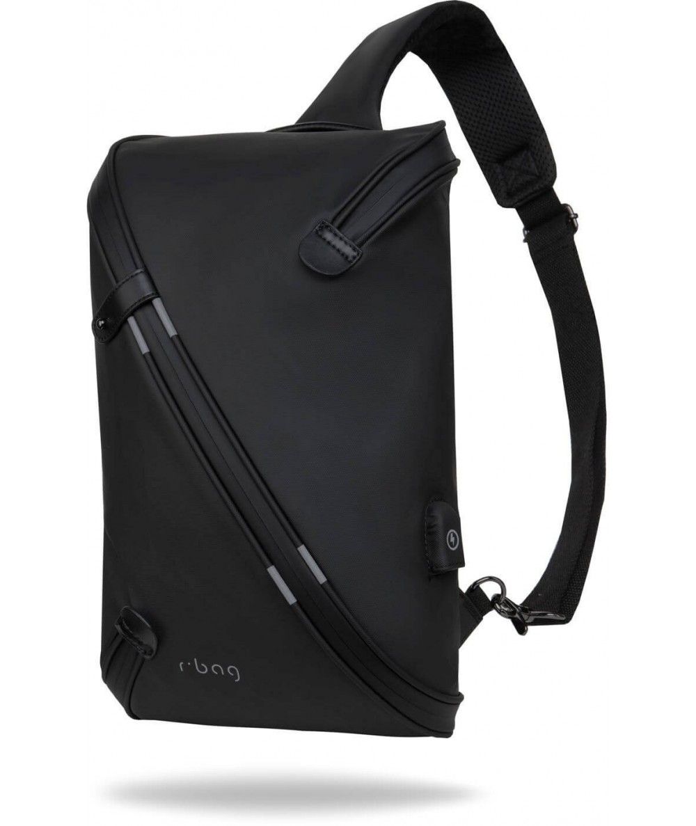 Plecak na jedno ramię A4 męski r-bag Depo Black czarny z USB wodoodporny zamek