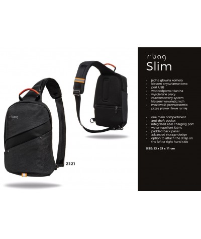 Plecak na jedno ramię mały czarny męski r-bag Slim Black antykradzieżowy