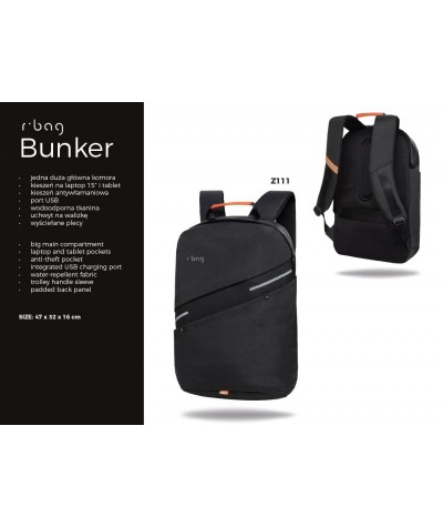 Czarny plecak antykradzieżowy z USB męski na laptopa 15,6" r-bag Bunker