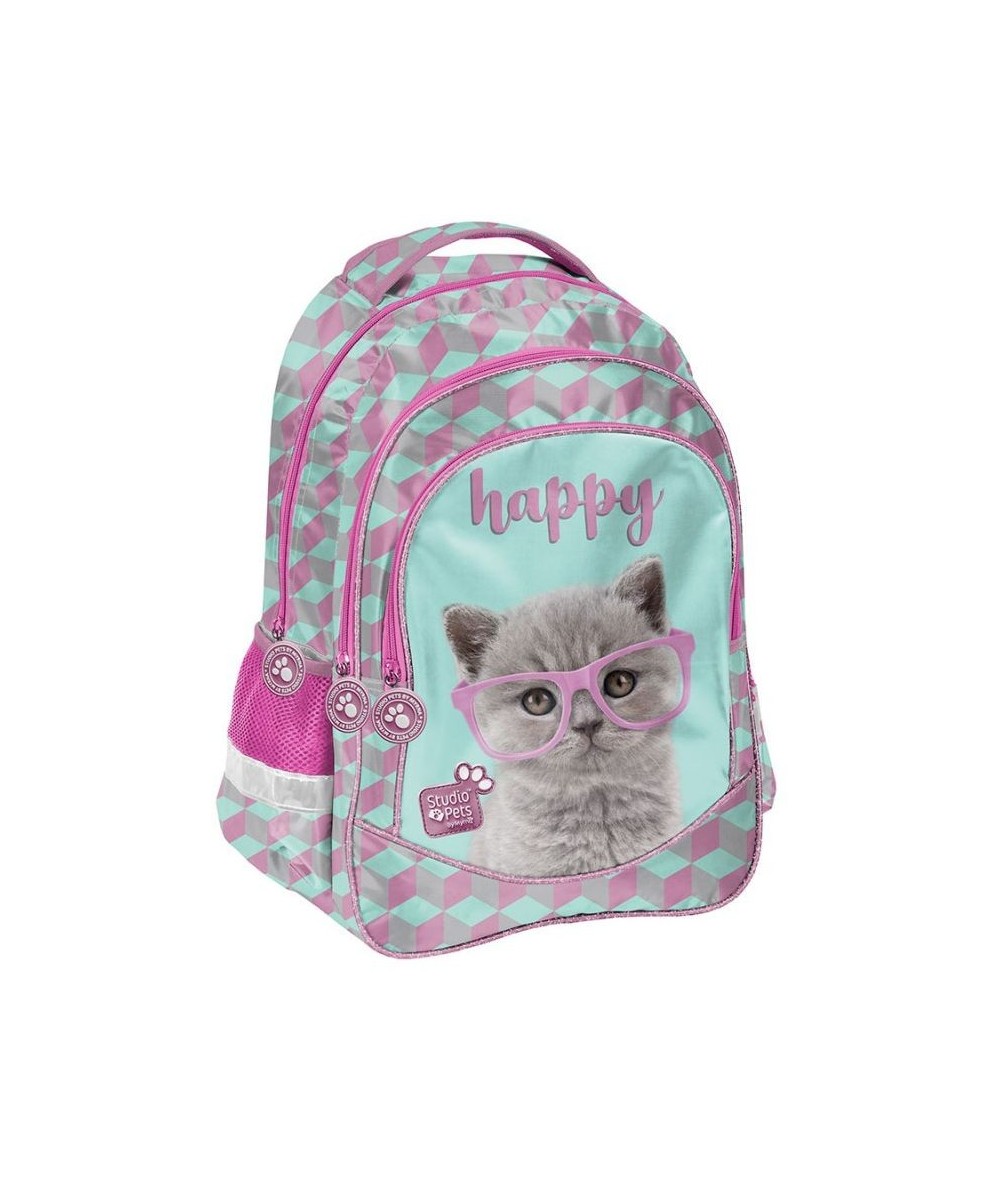 Plecak szkolny z kotkiem do klas 1-3 szkolny PASO Studio Pets różowy i turkusowy
