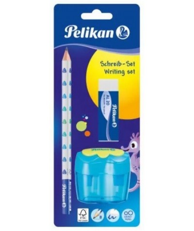 Niebieski zestaw dla chłopca temperówka ołówek gumka Pelikan