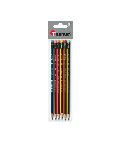 Ołówki z gumką zestaw 6 kolorów techniczne TITANUM neonowe twardość HB