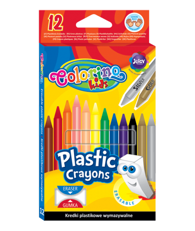 Kredki świecowe wymazywalne - plastikowe 12 kolorów z gumką Colorino kids