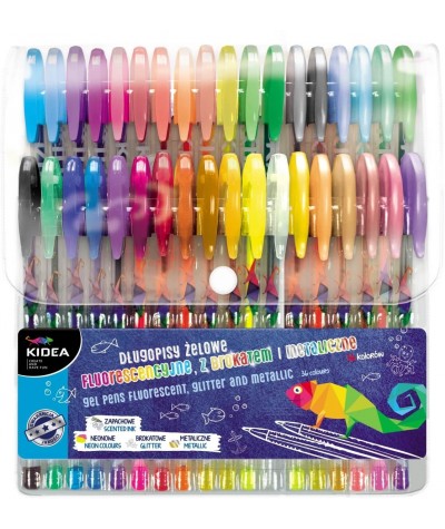 Długopisy żelowe 36 kolorów DEKORACYJNE FLUORESCENCYJNE METALICZNE BROKATOWE KIDEA