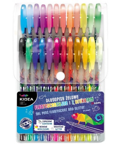 Długopisy żelowe KIDEA 24 kolory DEKORACYJNE FLUORESCENCYJNE BROKATOWE