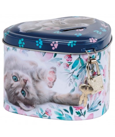 Metalowa skarbonka z kłódką z kotkiem dla dzieci Cleo&Frank serduszko