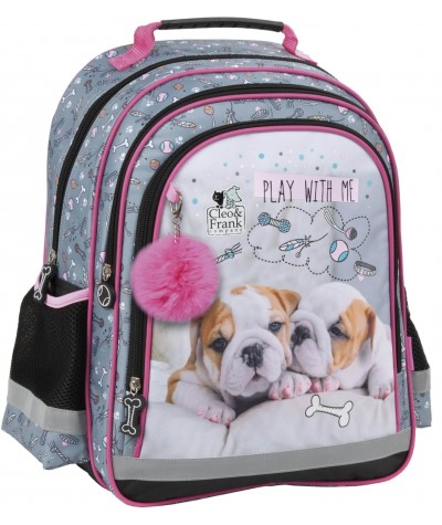 Plecak dla dziecka do szkoły DERFORM psy buldogi szary Cleo & Frank